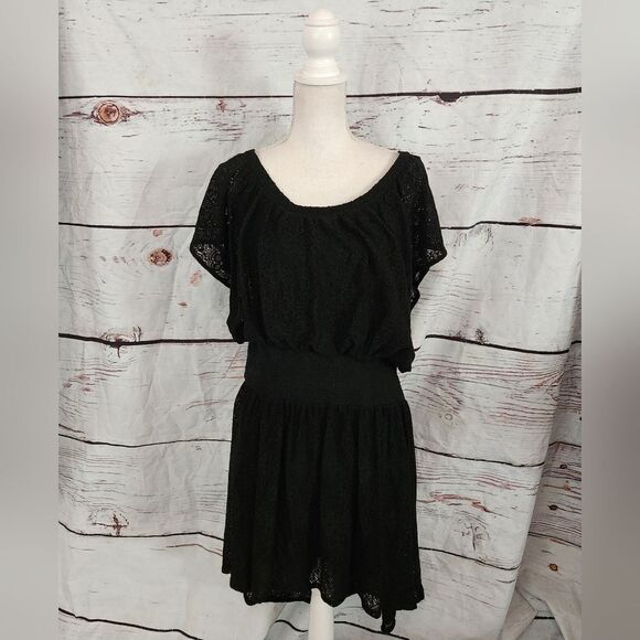 Anthropologie Leifnotes Black Flutter Sleeve Lace Mini Dress Size Large - Picture 2 of 6